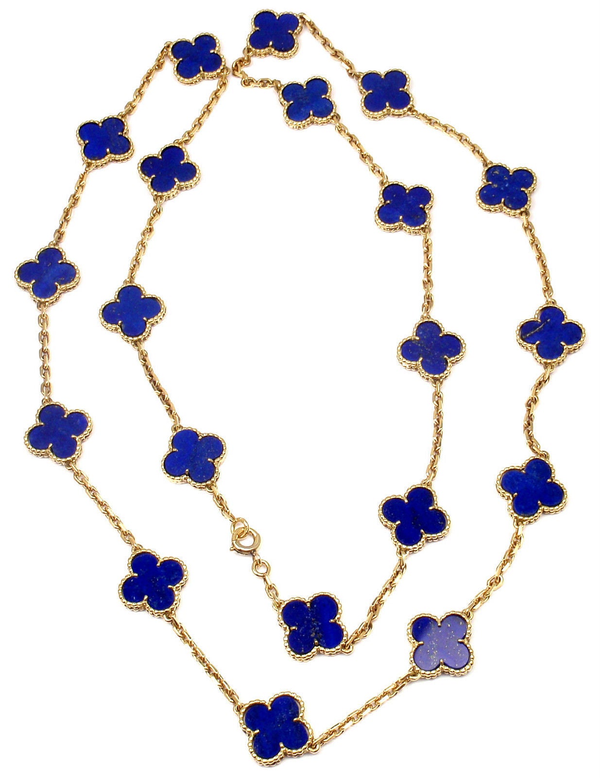 18k Yellow Gold Alhambra 20 Motifs Lapis Lazuli Necklace by 
Van Cleef & Arpels, with 20 motifs of Lapis Lazuli Alhambra stones, 15mm each.

This is a rare, very collectible, antique Van Cleef & Arpels Lapis Lazuli Alhambra 
necklace from the