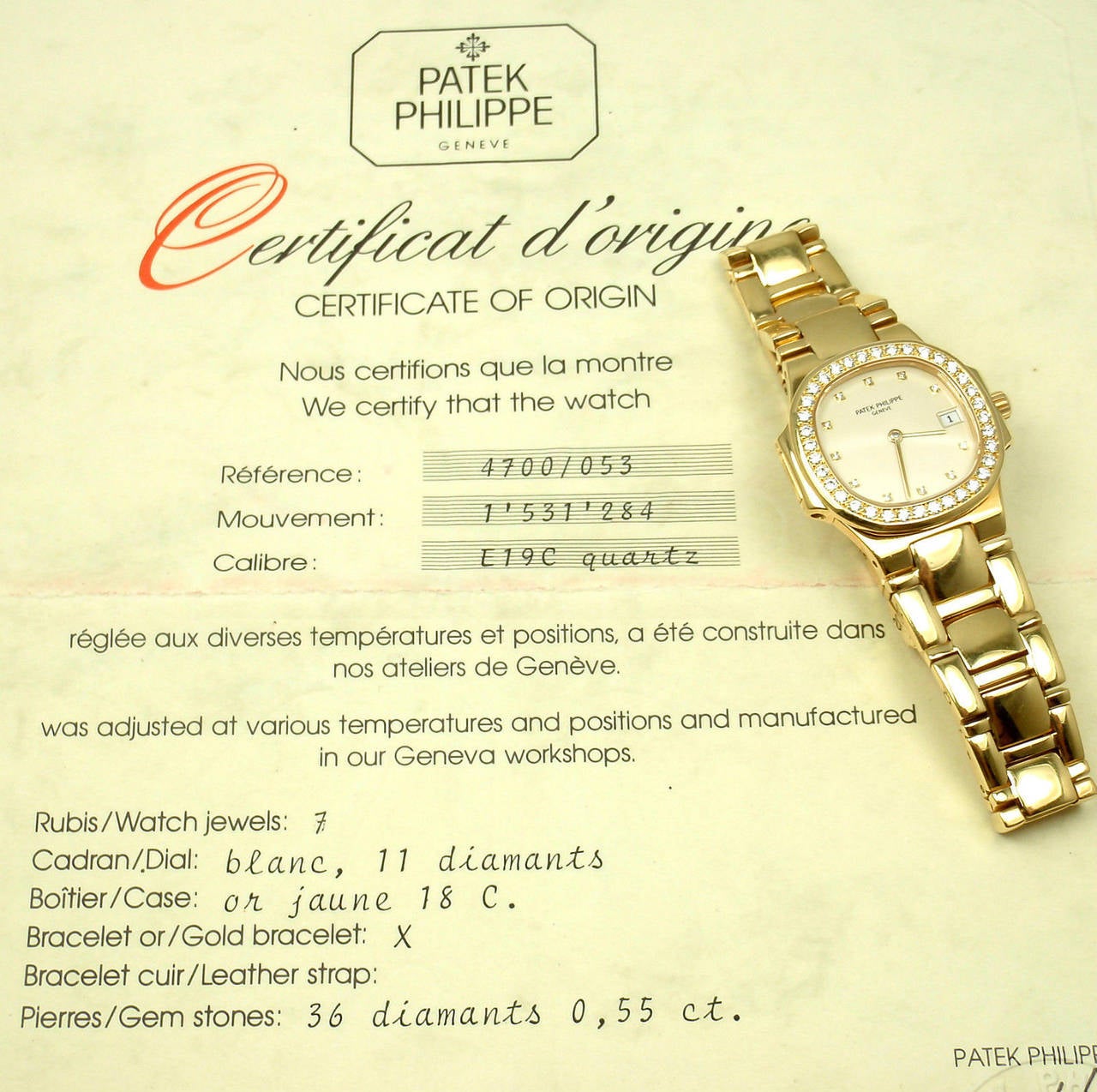 Women's Patek Philippe Lady's Yellow Gold Diamond Nautilus Quartz Wristwatch Ref 4700