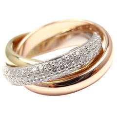 Bague à anneau en or tri-couleur Cartier Trinity Pave Diamond