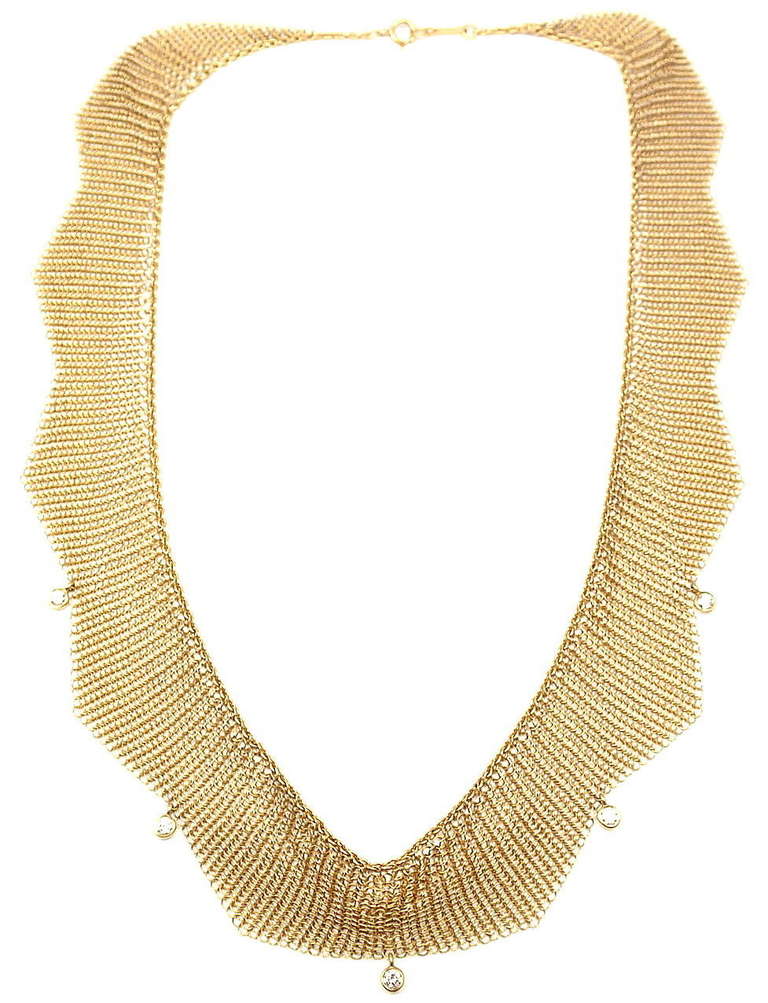 18k Yellow Gold Diamond Mesh Necklace by Elsa Peretti for TIffany & Co. 
With 5 round brilliant cut diamonds VS1 clarity, G color total weight approx. .25ct

Details:
Necklace Length: 15