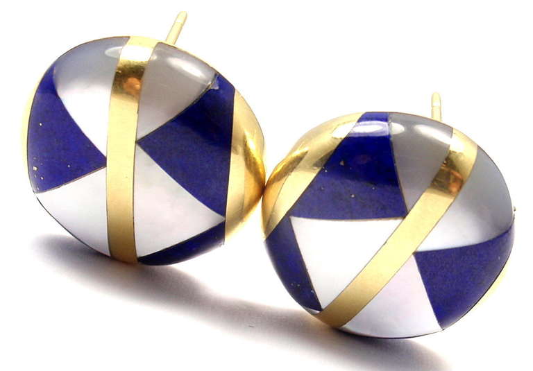 18k Yellow Gold Inlaid Lapis Lazuli & Mother of Pearl Earrings
by Tiffany & Co.

These earrings are for pierced ears.

Details:
Weight: 12.4 grams
Measurements: 19mm x 19mm
Stamped Hallmarks: T& Co 18k 1986

*Free Shipping within the