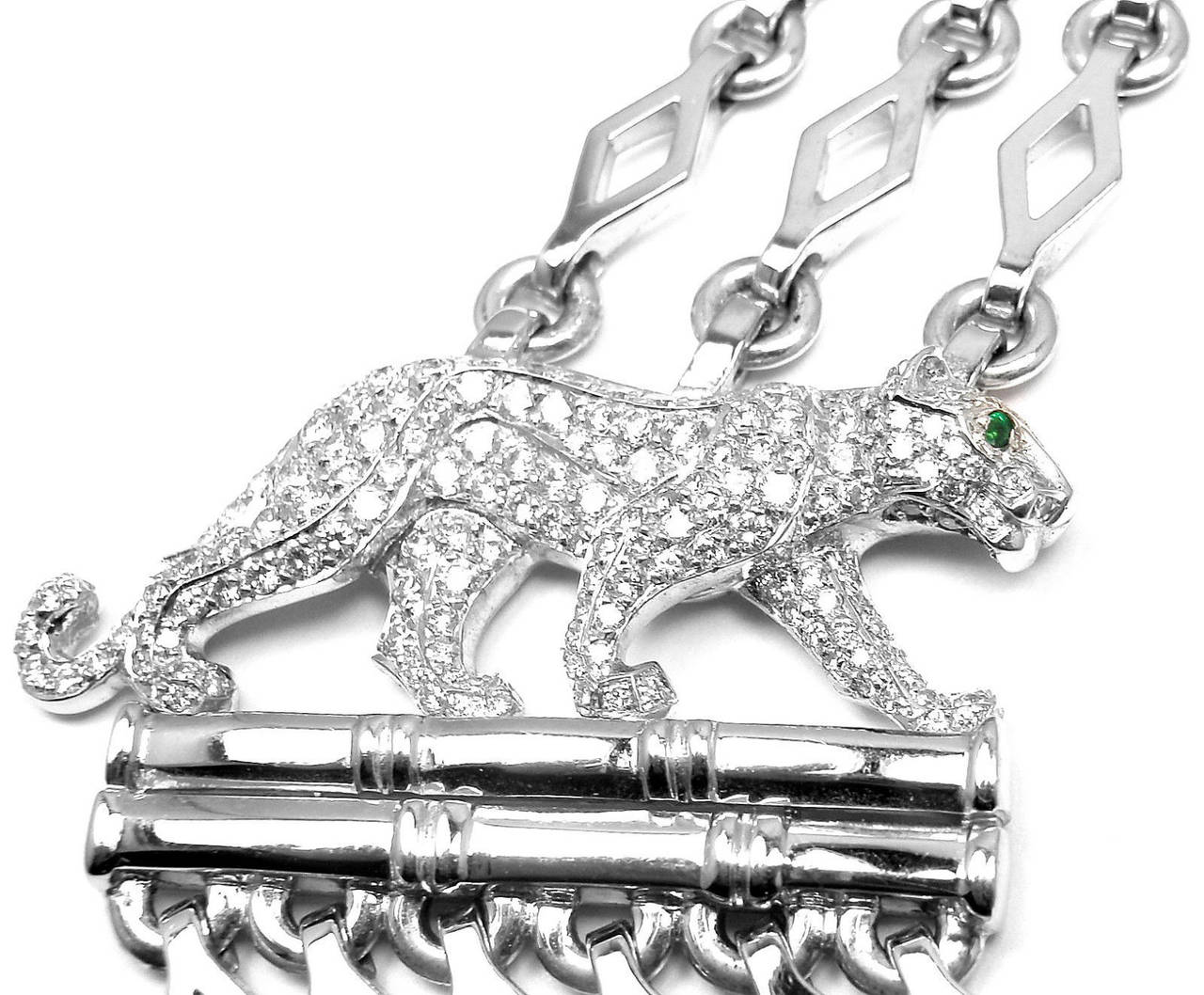 18k White Gold Diamond Panther Necklace by Cartier. 
Diamonds: VS1 clarity, G color. 
Total Diamond Weight: 3ct. 
This absolutely stunning necklace comes with an original Cartier box.

Details:
Length: 16