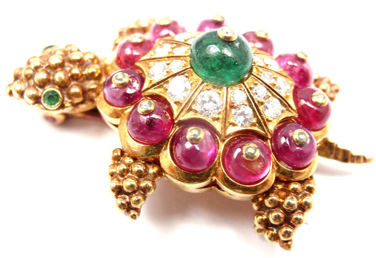 Van Cleef & Arpels Diamond Emerald Ruby Gold Turtle Pin 1