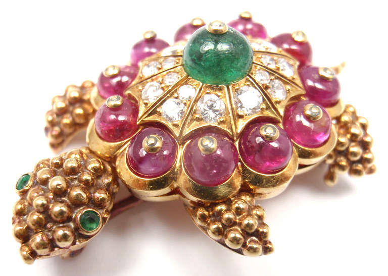 Women's Van Cleef & Arpels Diamond Emerald Ruby Gold Turtle Pin