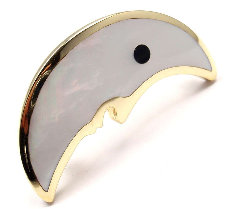 TIFFANY & CO Mother of Pearl Black Jade Inlaid Moon Yellow Gold Pin Brooch 4