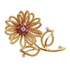TIFFANY & CO. Diamond Ruby Yellow Gold Flower Brooch