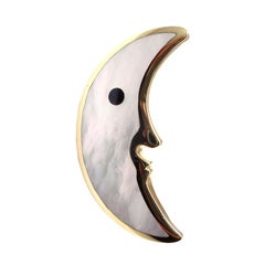 TIFFANY & CO Mother of Pearl Black Jade Inlaid Moon Yellow Gold Pin Brooch