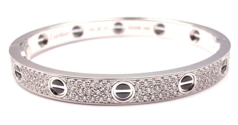 Cartier White Gold Diamond Cearamic LOVE Bangle Bracelet Size 17 In Excellent Condition In Southampton, PA