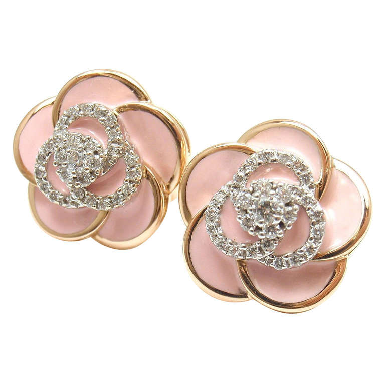 Roberto Coin Rosengold Rosa Emaille und Diamanten Blume Ohrringe.