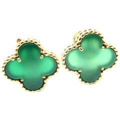 Van Cleef & Arpels Vintage Alhambra Green Chalcedony Yellow Gold Earrings