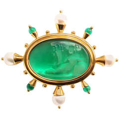 ELIZABETH LOCKE Venetian Glass Intaglio Pearl Emerald Yellow Gold Pin Brooch
