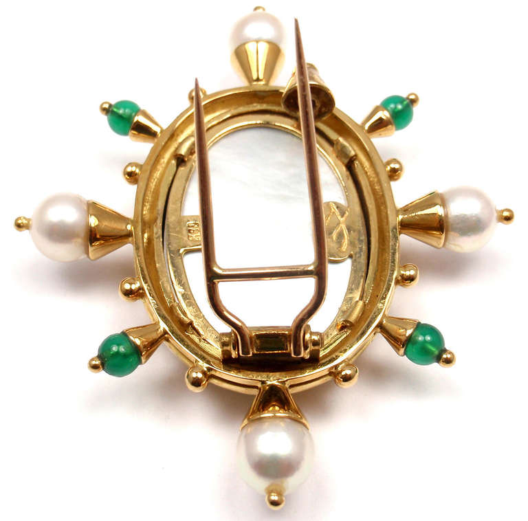 Women's ELIZABETH LOCKE Venetian Glass Intaglio Pearl Emerald Yellow Gold Pin Brooch