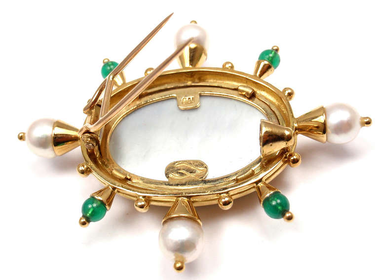 ELIZABETH LOCKE Venetian Glass Intaglio Pearl Emerald Yellow Gold Pin Brooch 1