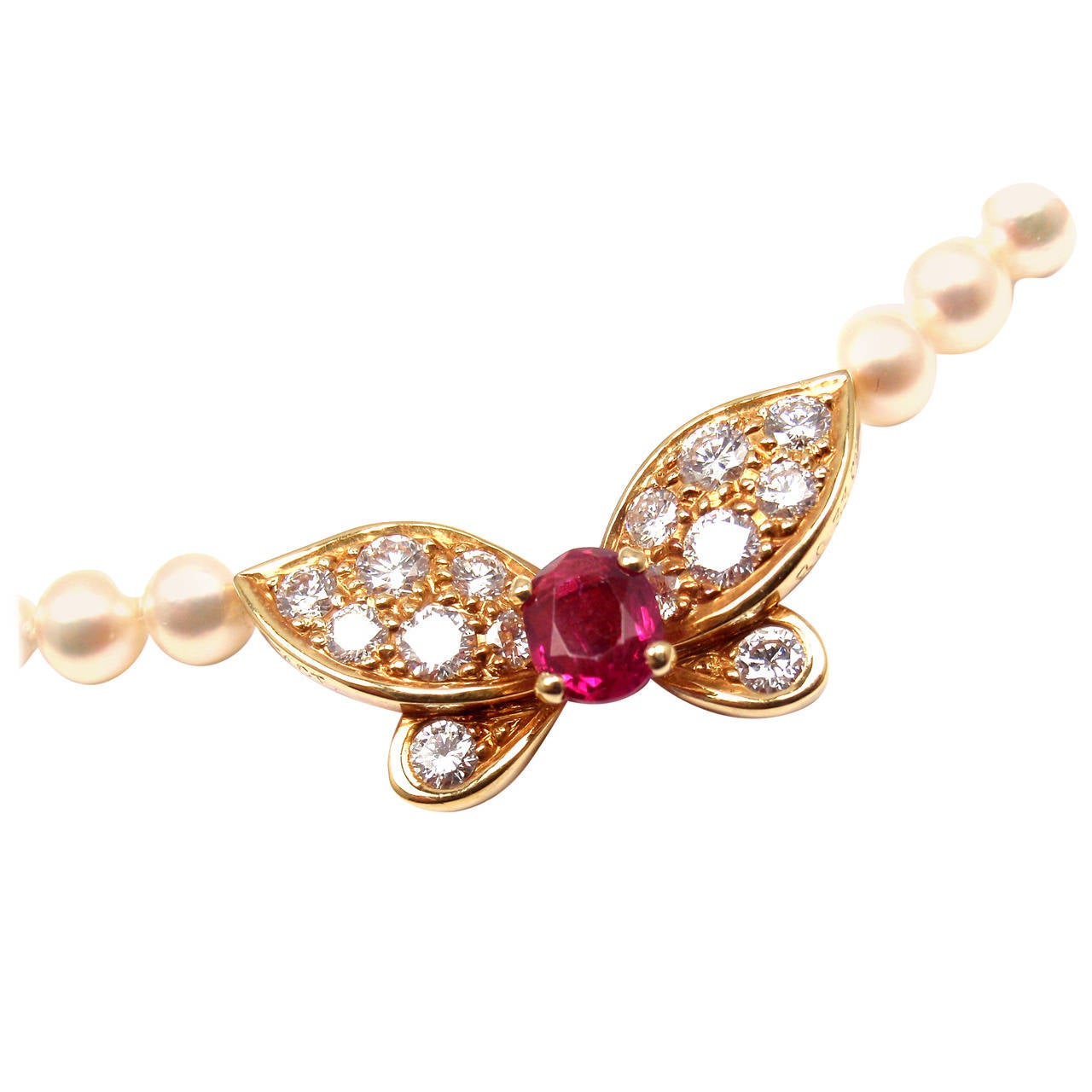 Van Cleef & Arpels Pearl Ruby Diamond Gold Butterfly Choker Necklace