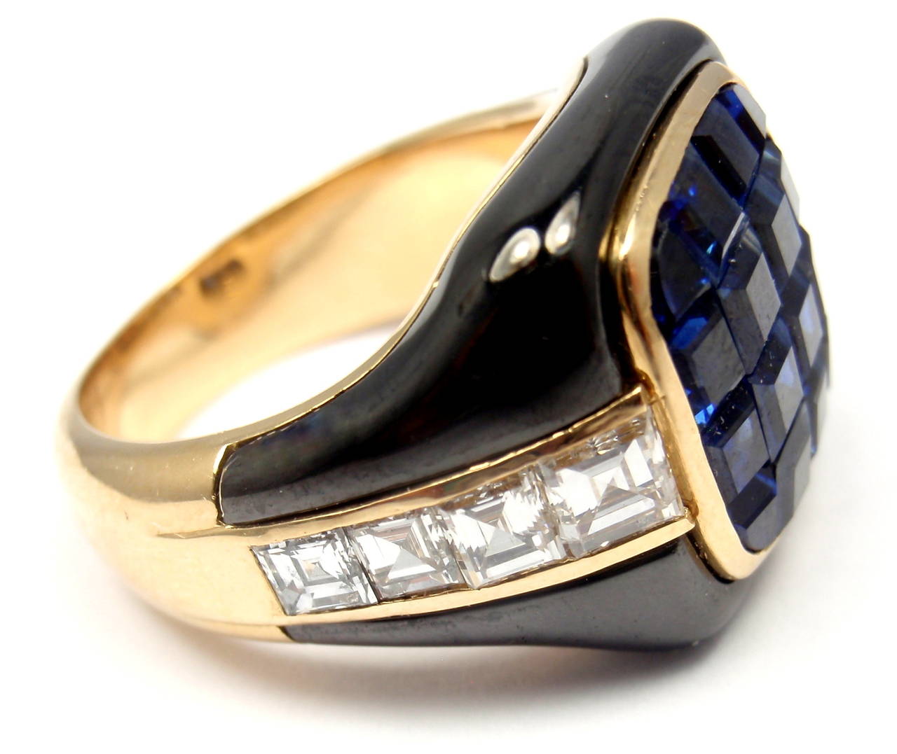 Princess Cut Piaget Enamel Invisible Set Sapphire Diamond Gold Cocktail Ring