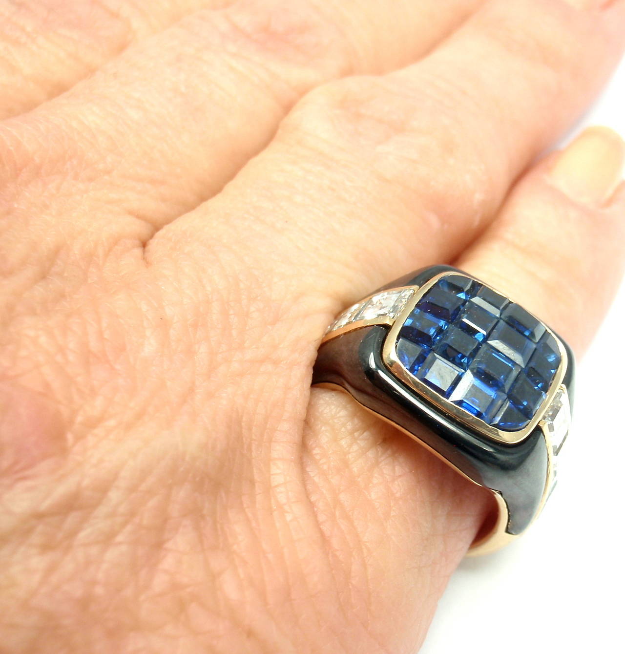 Piaget Enamel Invisible Set Sapphire Diamond Gold Cocktail Ring 2