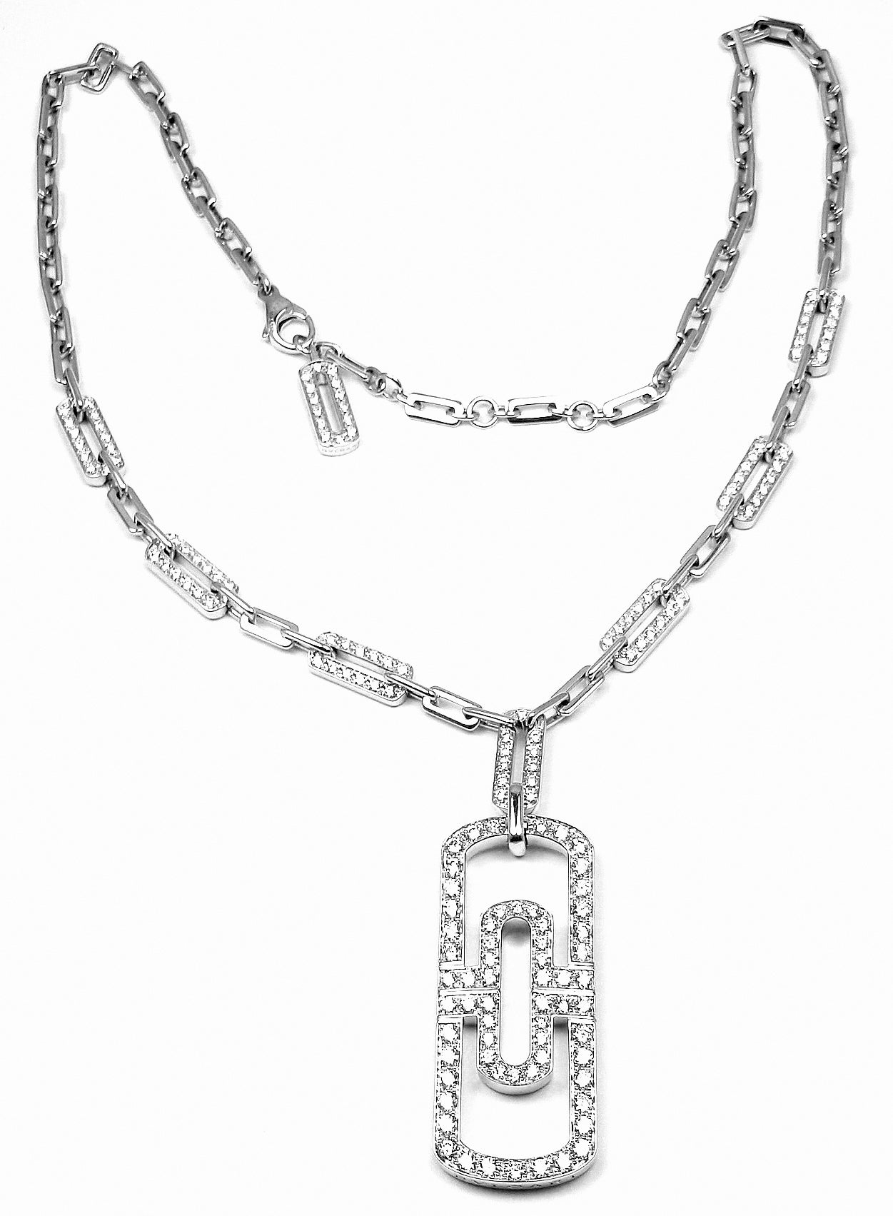 18k White Gold Pave Diamond Parentesi Pendant Necklace by Bulgari. 
With 173 round cut diamonds
total weight approx 3.5ct VS1 clarity, G color 
This necklace comes with original Bulgari box and Bulgari certificate.

Details:
Weight: 50.3