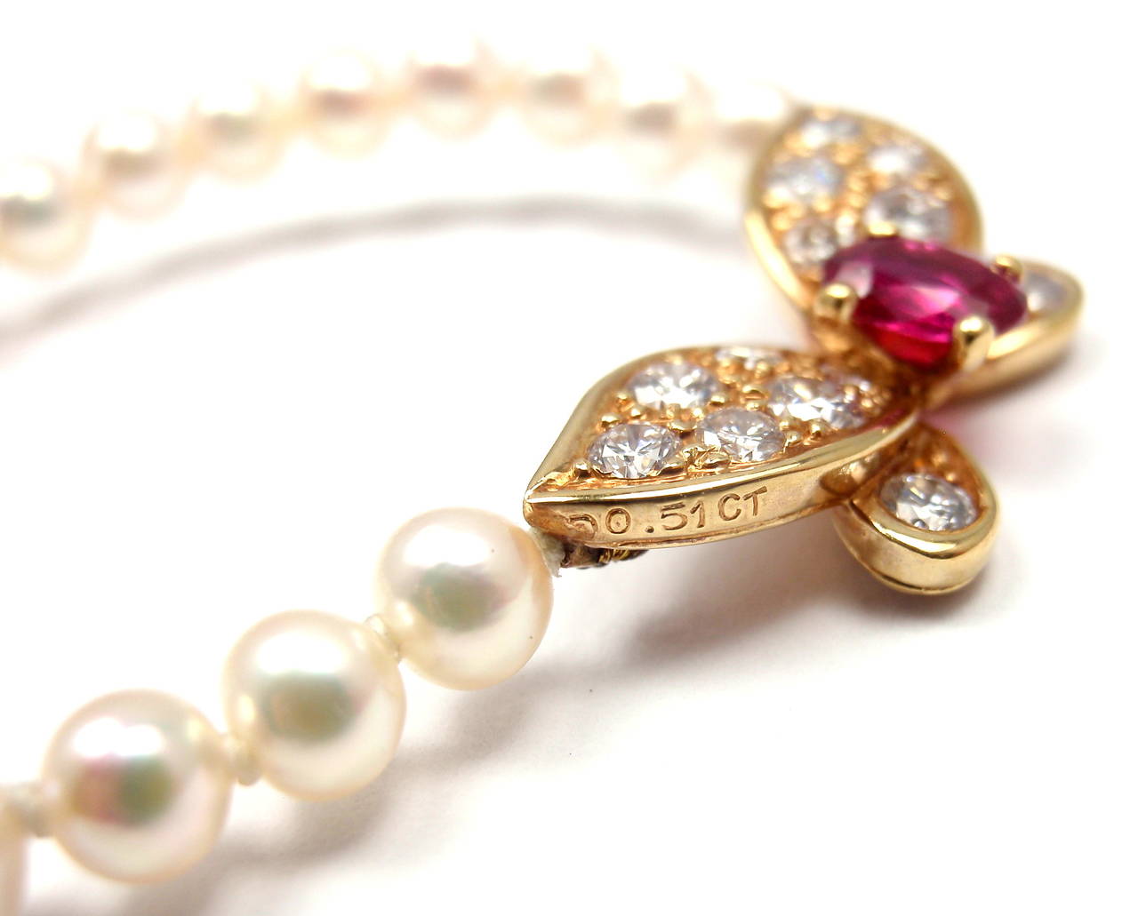 Women's Van Cleef & Arpels Pearl Ruby Diamond Gold Butterfly Choker Necklace