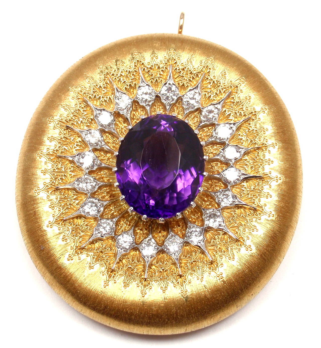 18k Yellow Gold Diamond Amethyst Large Brooch Pin by Buccellati. 
With 20 brilliant cut diamonds VS1 clarity, G color total weight approx. 1.20ct
1 large amethyst approx. 13ct

Details: 
Weight: 26 grams
Measurements:  2