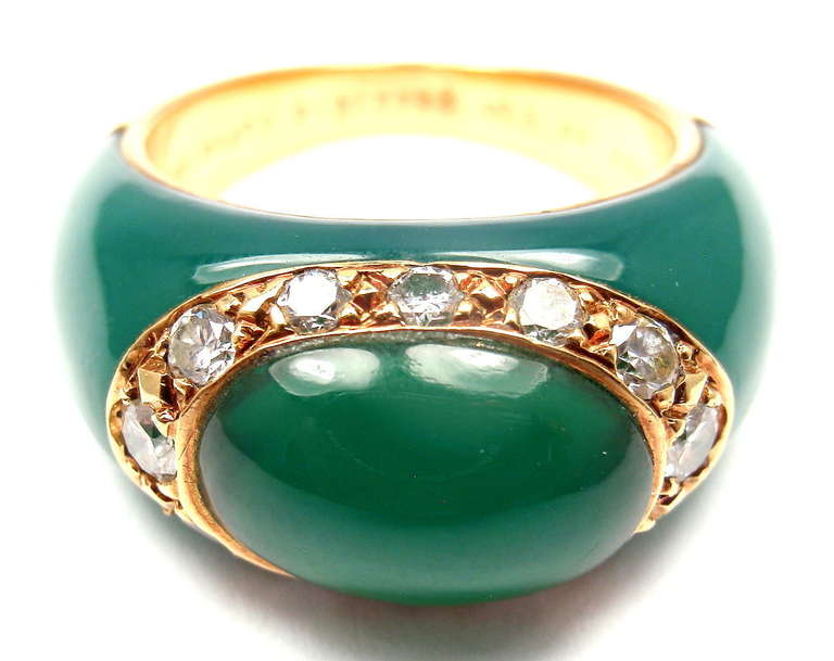 18k Yellow Gold Diamond and Chalcedony Ring by Van Cleef & Arpels, with 12 brilliant round cut diamonds VVS clarity, F color.
Total weight .50ctw approximately
Green Chalcedony Stones

Details: 
Ring Size: 5
Width: 10mm (widest point)
Weight: