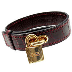 Hermes Crocodile Burgundy Yellow Gold Lock Bangle Bracelet 7