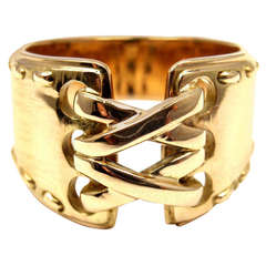 Vintage Hermes Lace Up Wide Yellow Gold Band Ring