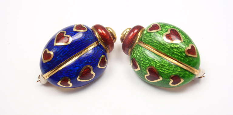 Women's or Men's Tiffany & Co Enamel Yellow Gold Set Of Two Love Bug Pins Brooches