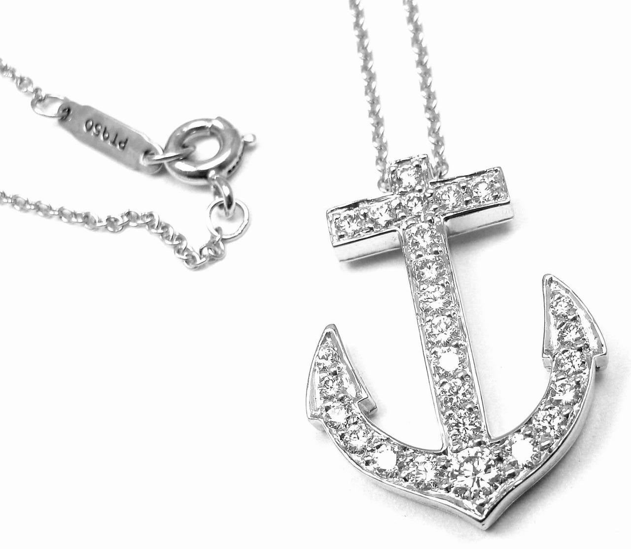 Platinum Diamond Anchor Pendant Necklace by Tiffany & Co.
With 26 round brilliant cut diamonds VS1 clarity, G color 
total weight approx. .78ct

Details:
Weight: 6.5 grams
Length: 16