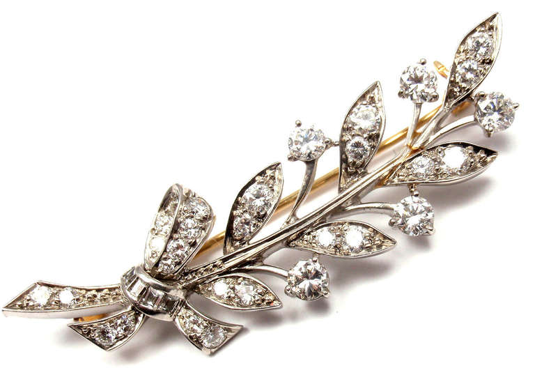 Palladium Art Deco Diamond Branch Pin Brooch by Tiffany & Co. 
With 33 round brilliant cut diamonds VS1 clarity, G color total weight approximately 2.25ct

Details: 
Measurements: 51mm x 15mm
Weight: 7 grams
Stamped Hallmarks: Tiffany