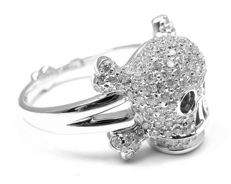 18k White Gold Tete de Mort Diamond Skull Ring by Christian Dior. 
With round brilliant cut diamonds total weight approximately 1.5ct
VVS1 clarity, E color total weight approx.  

Details: 
Ring Size: 11 resizing is available
Weight: 11.3