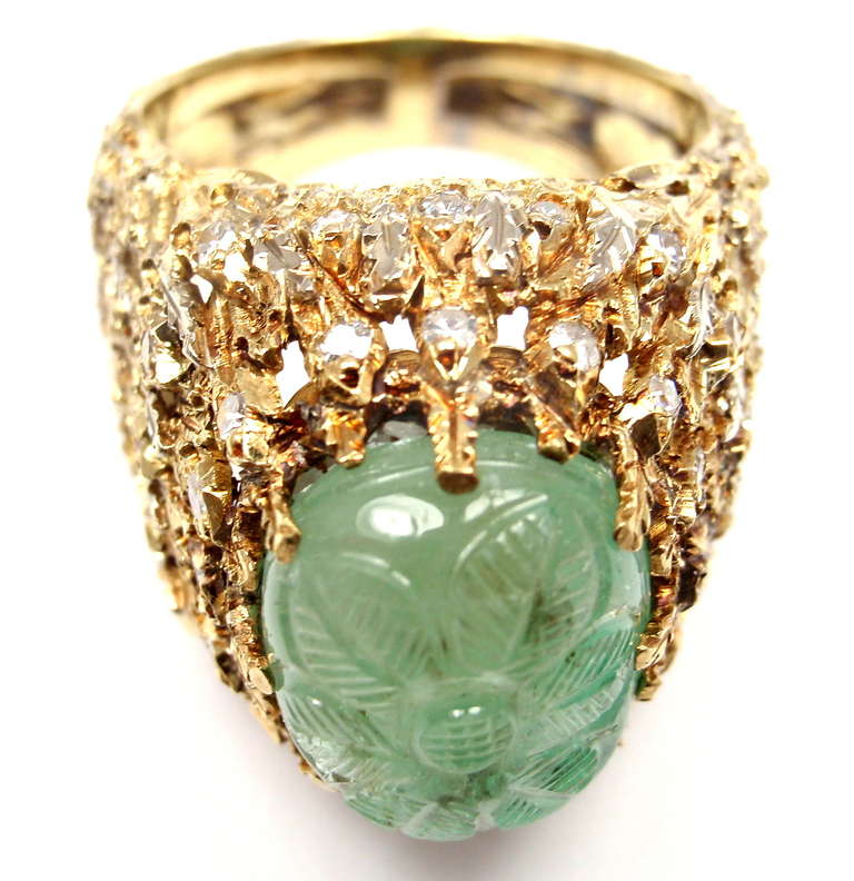 MARIO BUCCELLATI Diamond Carved Emerald Yellow Gold Ring 2