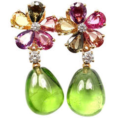 Bulgari Multicolor Sapphire Peridot Diamond Gold Flower Drop Earrings