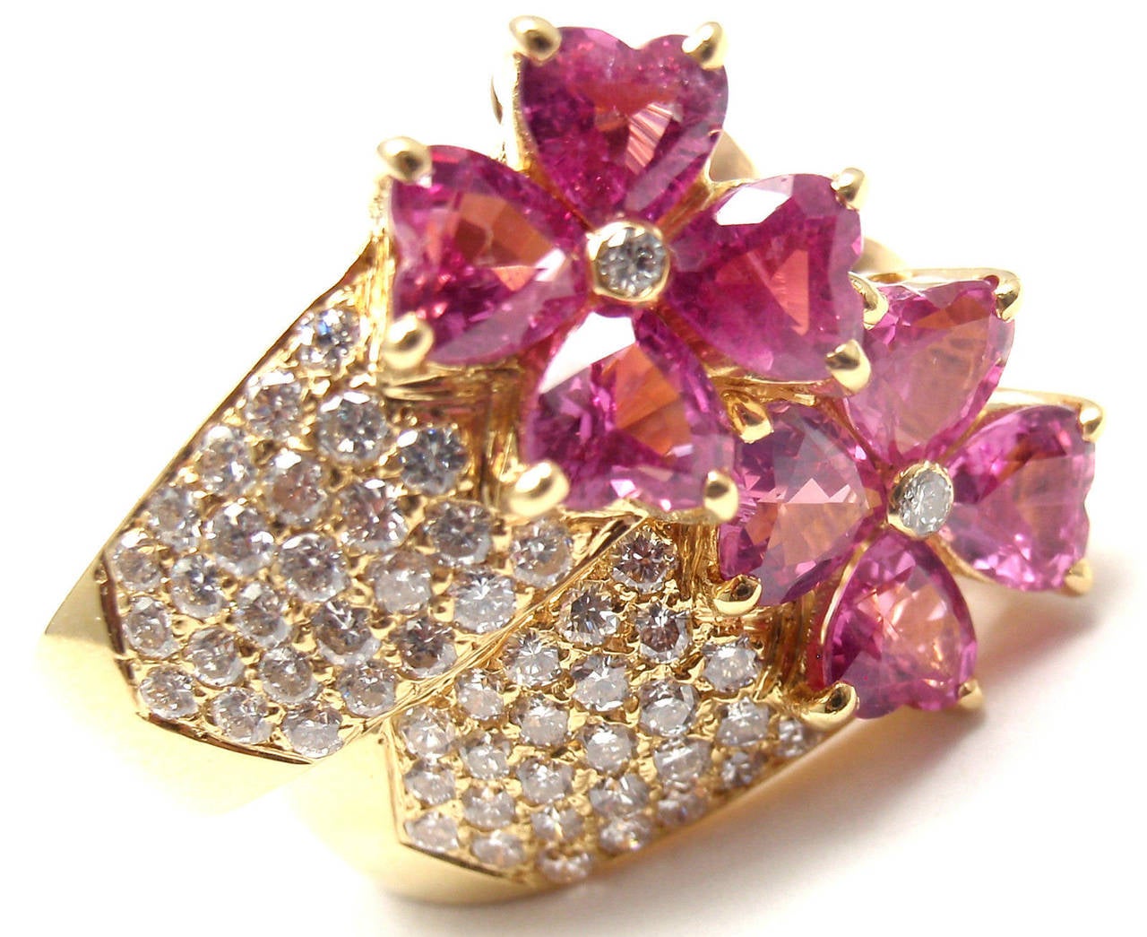 Van Cleef & Arpels Pink Sapphire Diamond Gold Flower Earrings 2