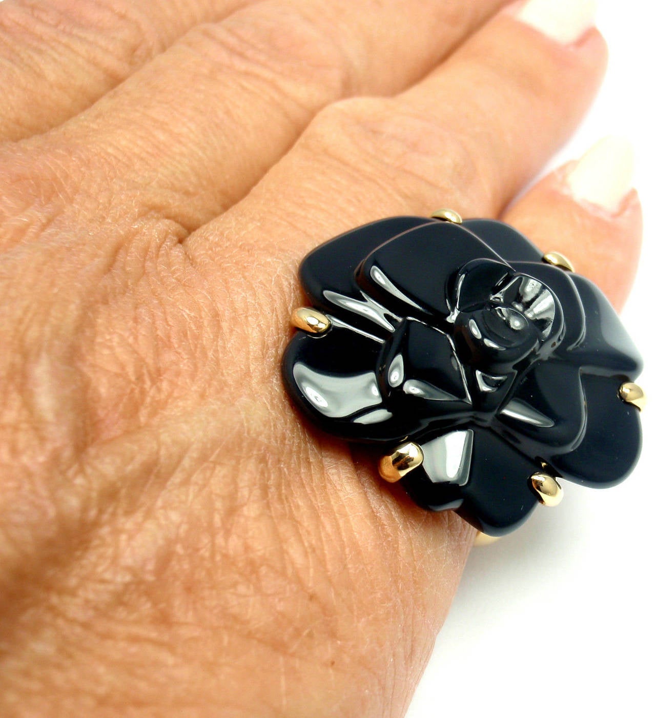 Chanel Camellia Large Black Agate Flower Gold Ring 1