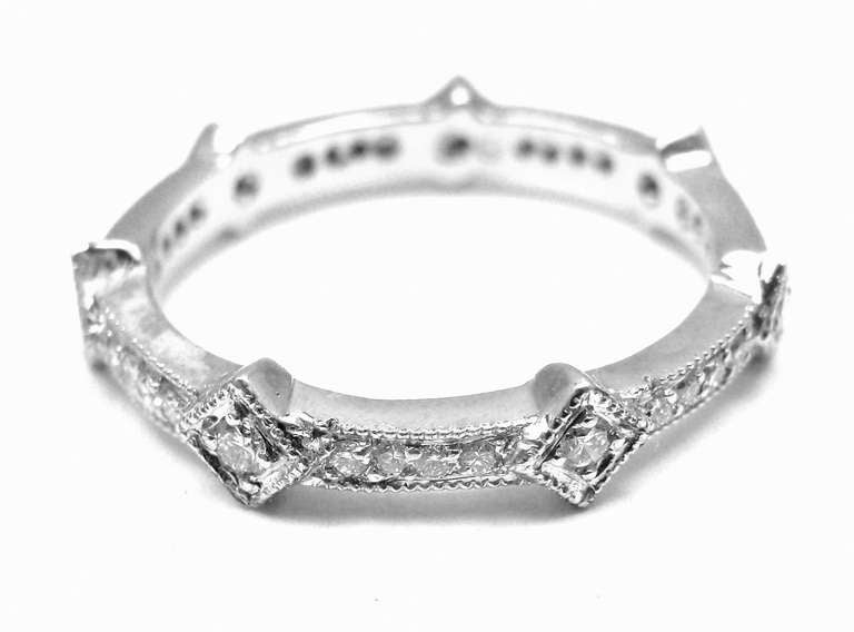 Platinum Diamond Geometric Band Ring by Cathy Waterman. 
With 7 round brilliant cut diamonds total weight approx  0.14ct Clarity: Vs Color: G
28 pave diamonds on band, approx. .28ct

Details: 
Ring Size: 6 1/4 (resize available and free of