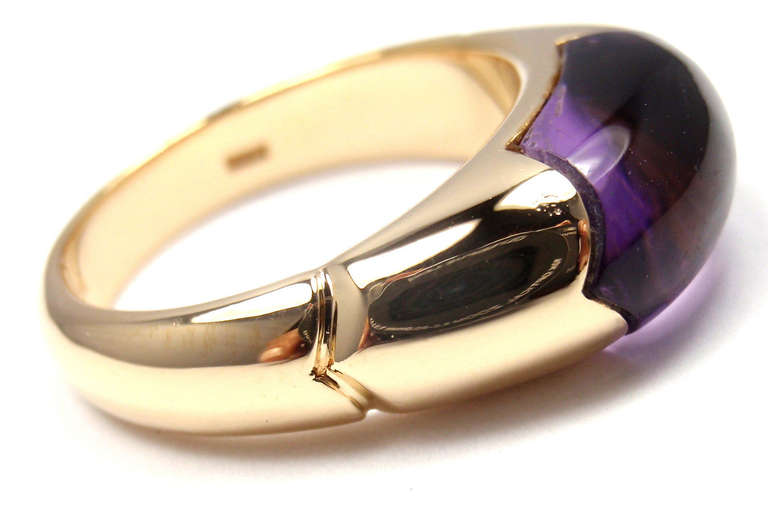 18k Yellow Gold Gold Amethyst Band Ring by Bulgari. 
With 1 Amethyst
Stone approx. 8mm x 15mm

Details: 
Ring Size: 6 1/4 (resize available)
Width: 8mm
Weight: 8.4 grams
Stamped Hallmarks: Bvlgari, 750, 2337AL
*Free Shipping within the