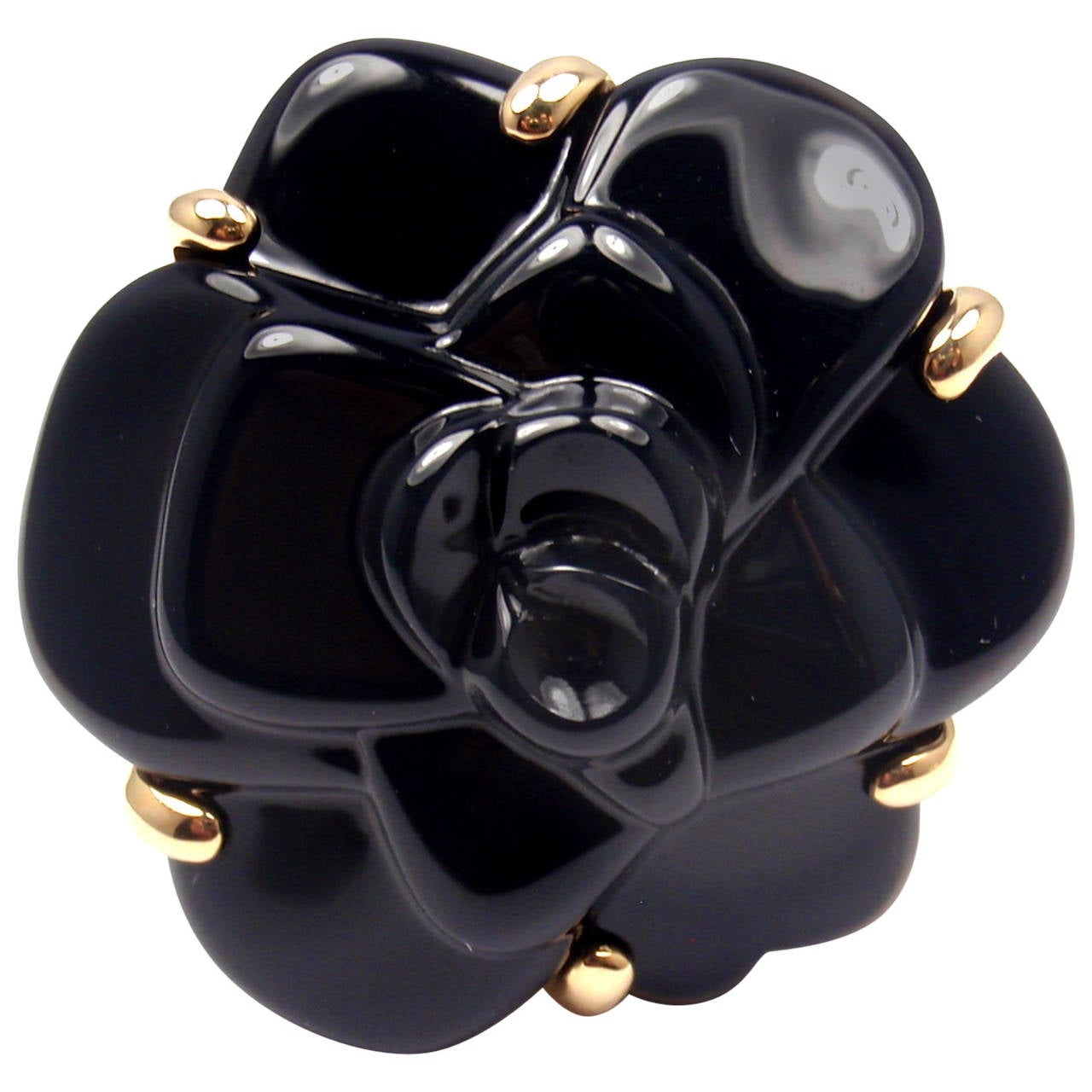 Chanel Camellia Large Black Agate Flower Gold Ring