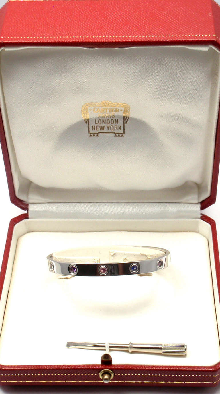 Cartier Color Stone LOVE White Gold Bangle Bracelet Size 17 In New Condition In Holland, PA