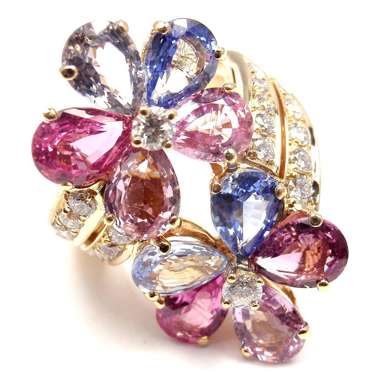 Women's Bulgari Fancy Sapphire Diamond Gold Flower Cocktail Ring