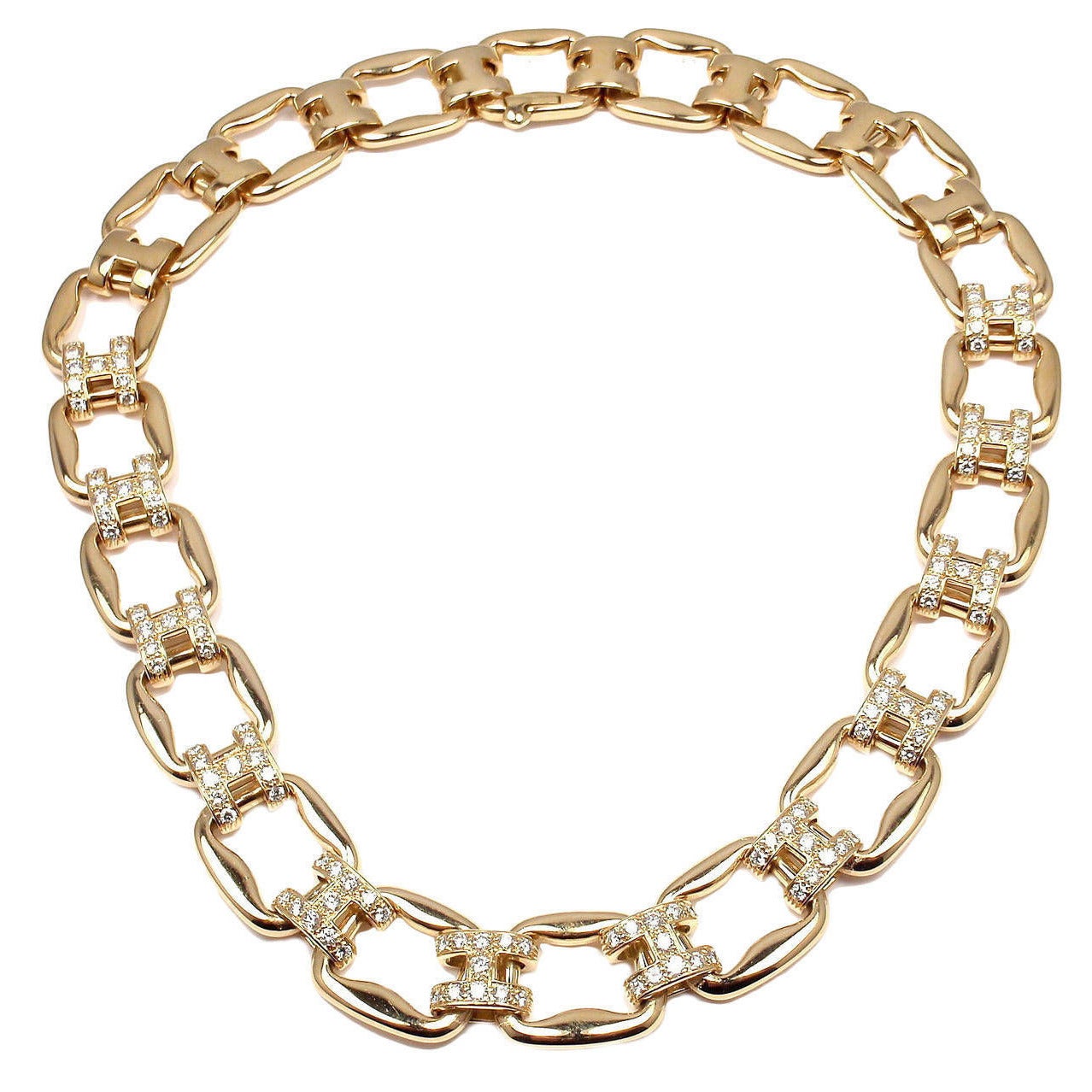 Hermes Diamond H Gold Large Link Necklace at 1stDibs | h link necklace