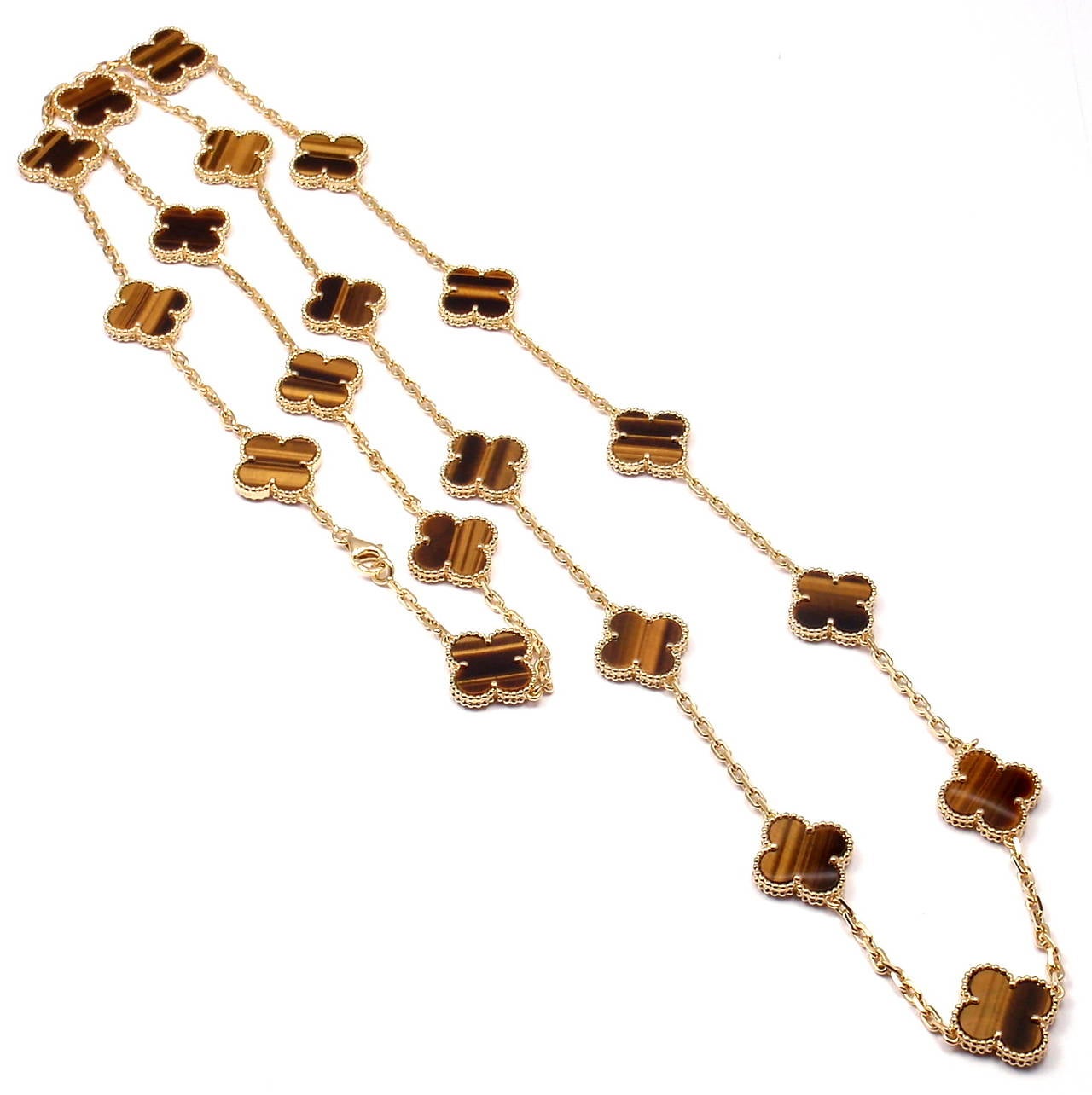 Women's Van Cleef & Arpels Vintage Alhambra 20 Motif Tiger’s Eye Gold Necklace