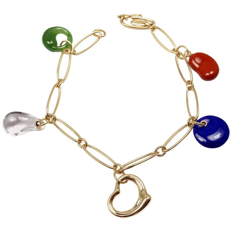 Tiffany & Co Elsa Peretti Carved Gemstone Yellow Gold Charm Bracelet