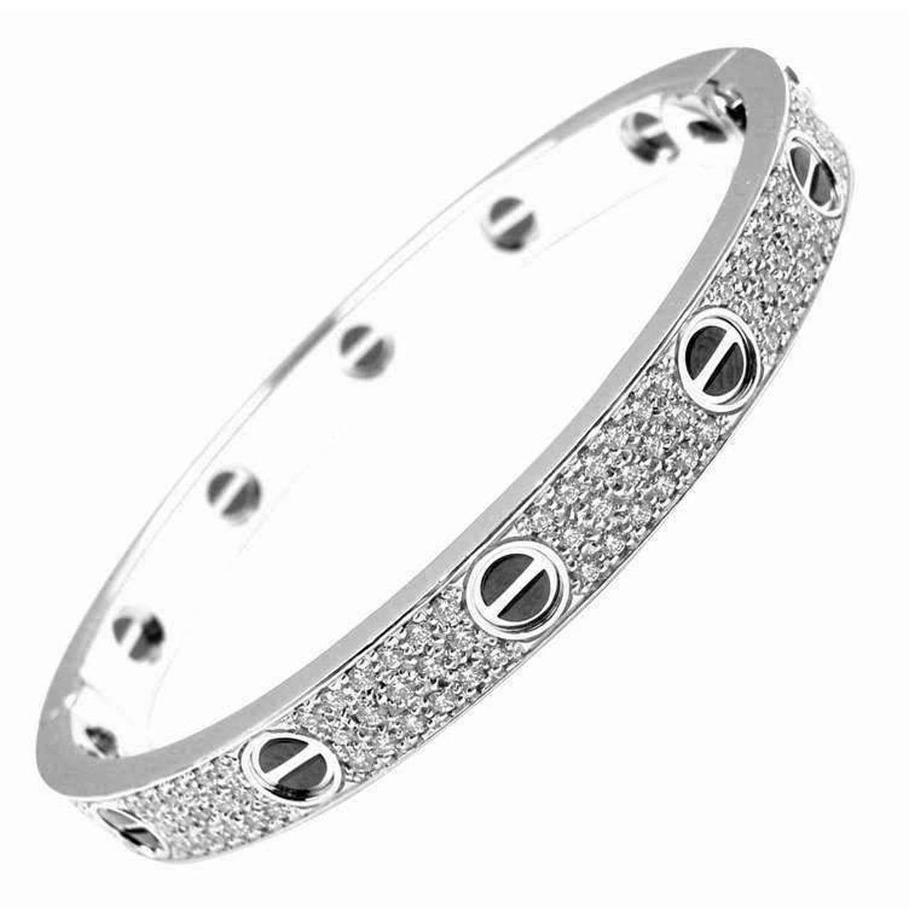 Cartier Love All Diamond & Ceramic White Gold Bangle Bracelet Size 18