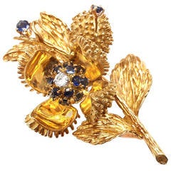 Tiffany & Co. Diamond Sapphire Yellow Gold Opening Flower Brooch