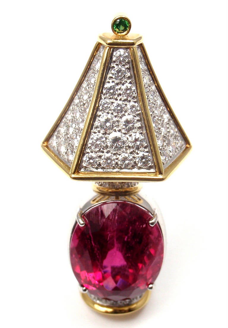 Women's Tiffany & Co. Rubellite Tsavorite Diamond Yellow Gold Platinum Lamp Pin Brooch