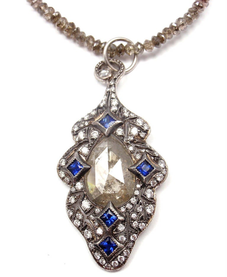 Platinum & 22k Yellow Gold Diamond & Sapphire Bead Pendant Necklace by Cathy Waterman. Bead necklace has 520 rustic diamonds. Pendant has 61 diamonds and 5 sapphires. 

Details: 
Total Weight: 15.1 grams
Necklace Length: 30