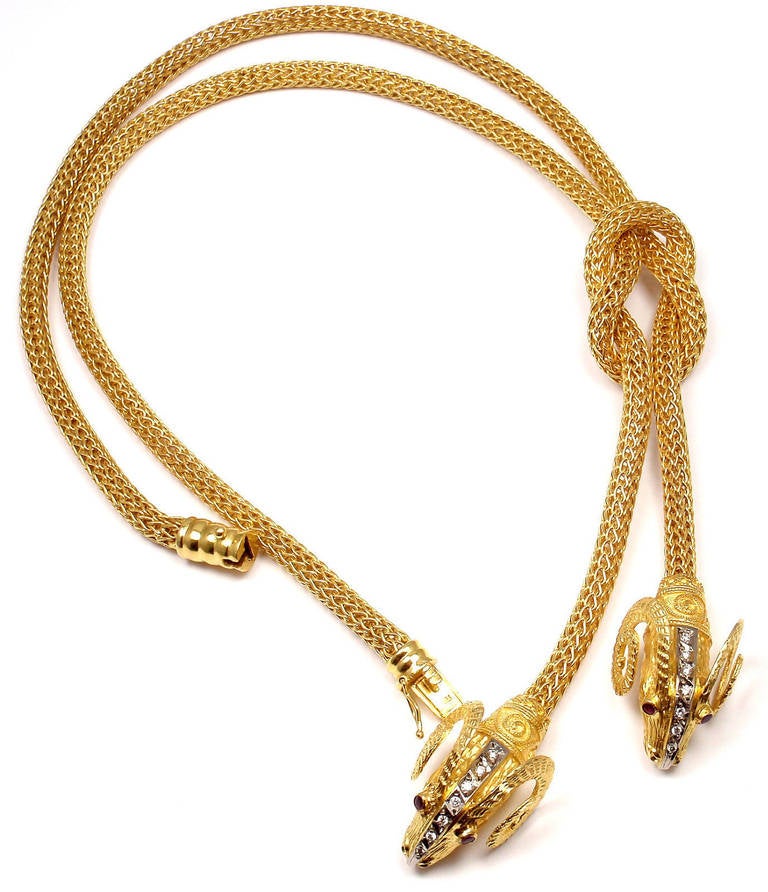Ilias Lalaounis Diamond Ruby Hercules Knot Yellow Gold Necklace In New Condition In Holland, PA