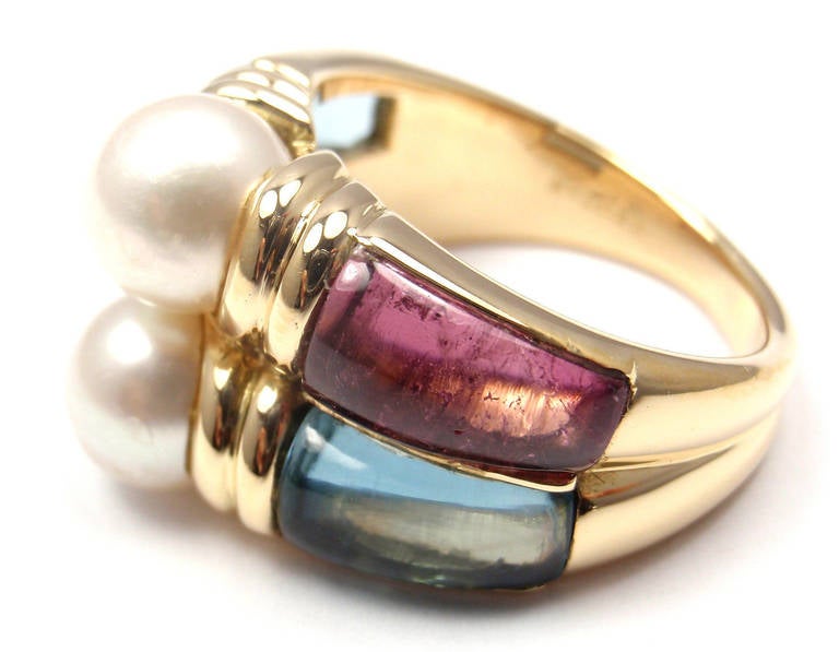 Bulgari Blue Topaz Amethyst Pearl Yellow Gold Ring In New Condition In Holland, PA