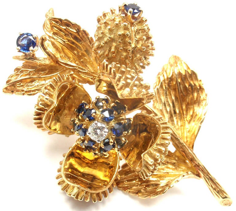 Tiffany & Co. Diamond Sapphire Yellow Gold Opening Flower Brooch 2