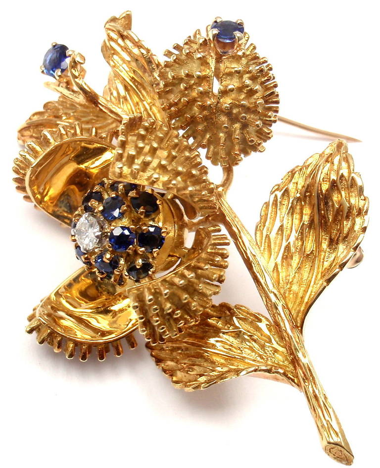 Tiffany & Co. Diamond Sapphire Yellow Gold Opening Flower Brooch 3